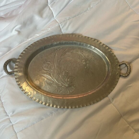 Everlast Metal Hand Forged Aluminum Oval Tray Serving Platter Handles Flowers - Picture 1 of 6
